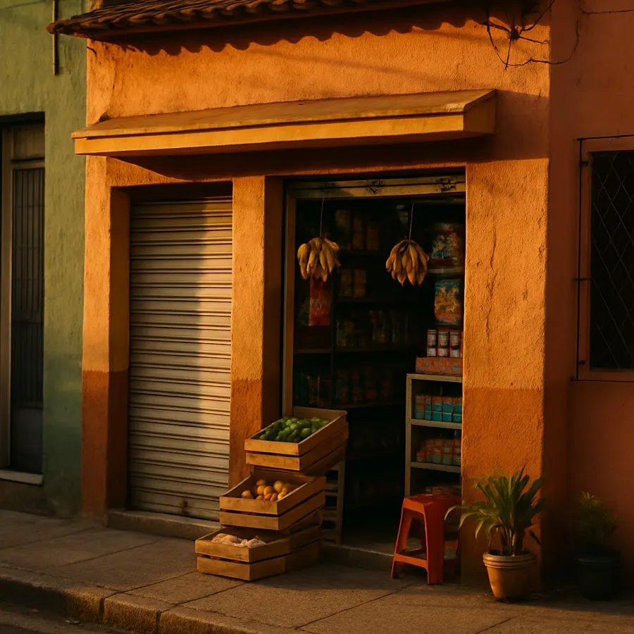 Fachada de comércio local ao entardecer, com produtos expostos na calçada