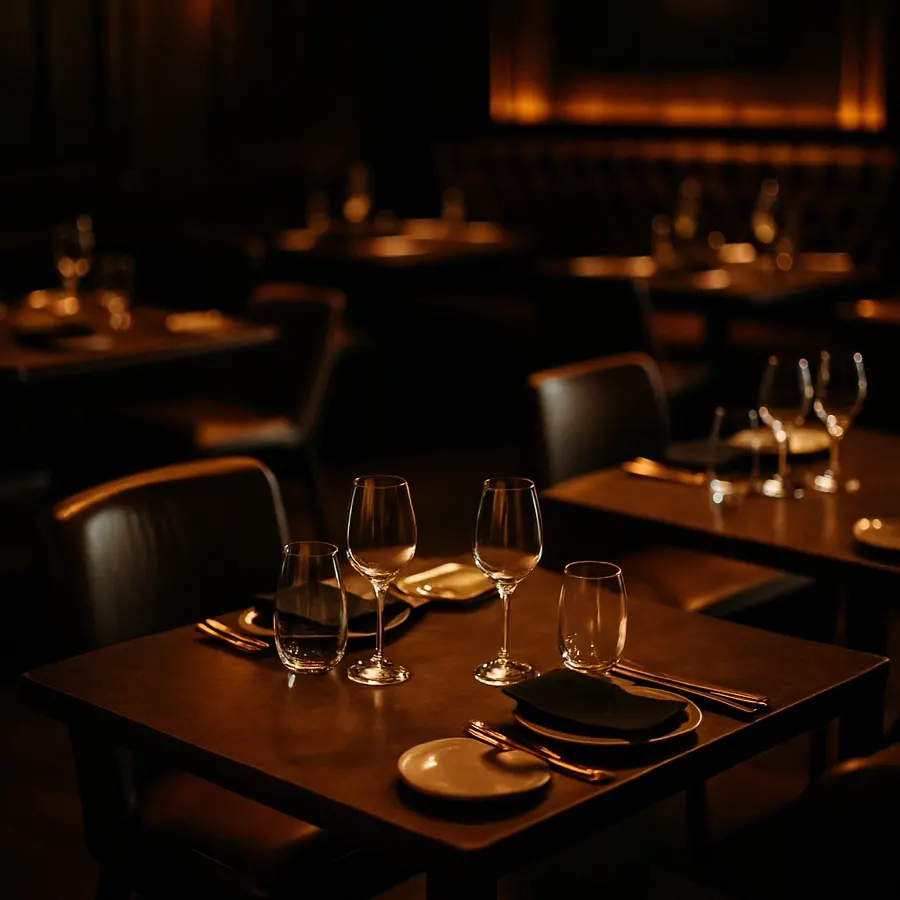 Salão de restaurante de alto padrão em ambiente escuro com luz quente
